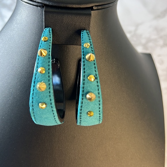 2 3/4 inch Earrings-Fabulous Statement Teal Studded TearDrop Hoop Faux Suede - Picture 2 of 9